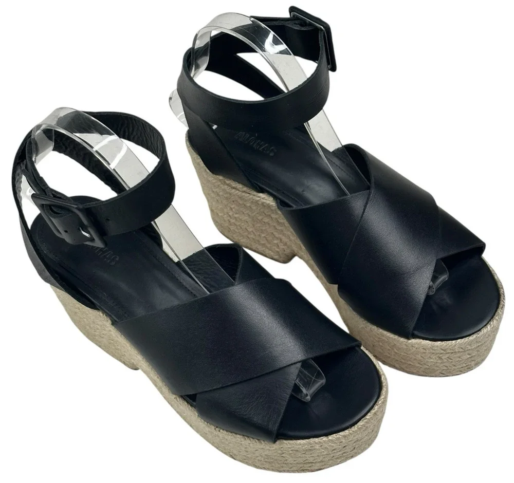 ALOHAS Lyla Black Leather Espadrille Platform Sandals Size 39 US 8-8.5 New $268
